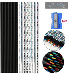 Set of black and white striped pencils with colorful ends, a blue sharpener, and '12 PCS' text on a white background.