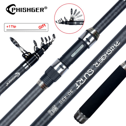 Fishing rods with PHISHER branding and additional accessories on a white background