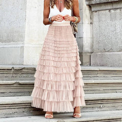 Maxi Skirt Women Elegant Elastic High Waist Multi-Layered Mesh Lace Loose Tiered Party Fashion Skirt