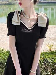 Midi Dress Women Elegant Black A-Line V-Neck Pearl Detail Vintage Office Party Long Dress