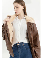 Faux Leather Jacket Women Fur Collar Lining Loose Warm Lamb Wool Vintage Thick Lapel Motorcycle Coat