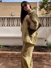 Pant Set Women Linen Tie-Dye 2-Piece Lounge Lapel Half Sleeve Shirt Drawstring Wide Leg Pants