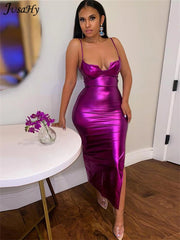 Maxi Dress Women Midnight Purple Shiny Neon Backless Strap Skinny Clubwear Party Fashion Dress