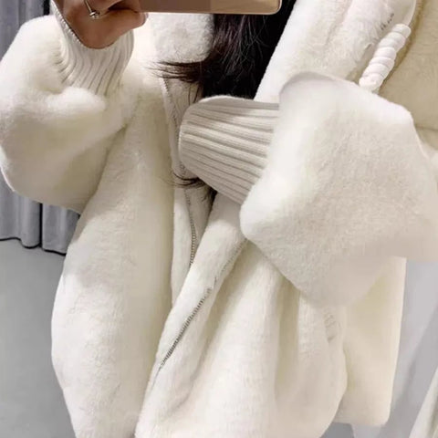 Faux Fur Hooded Coat Women White Warm Plush Winter Casual Elegant Outerwear Fashion