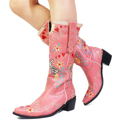 Cowboy Boots Women Faux Leather Mid-Calf Retro Embroidered Slip-On Chunky Heel Fashion Shoes