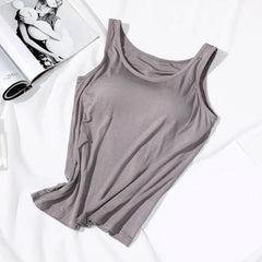 Tank Top Women Solid Color O-Neck Sleeveless Wire-Free Elastic Camisole Bra Pads Casual Fitness Vest
