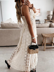 Maxi Dress Women Bohemian Lace Solid Deep V-Neck Sleeveless High Waist A-Line Beachwear Summer Dress