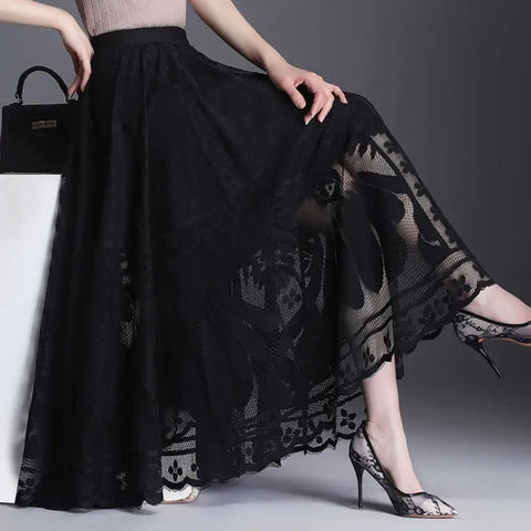 Midi Skirt Women Chic Lace A-Line Long Big Swing Hollow Out Pleated Gauze Elegant Party Skirt
