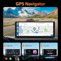 GPS navigator on a car dashboard with mountainous landscape in the background