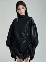 Jacket Top Women PU Leather Drawstring Turtleneck Long Sleeve Oversized Chic Fashion Shirt Coat