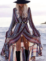 Maxi Dress Women Bohemian Print Wrap Flare Sleeve Split Beach Vintage Casual Summer Fashion Dress