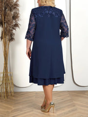 Plus Size A-Line Dress Layered Floral Lace Sleeve Chiffon Embroidered Evening Prom Party Formal Women
