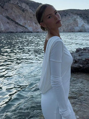 White Long-Sleeved Slim Fit Maxi Dress