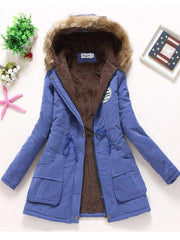 Military Style Coat Women Cotton Wadded Hooded Fur Warm Winter Casual Outerwear Fashion