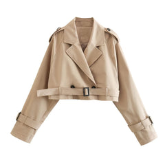 Double Breasted Short Jacket Women Chic Casual Loose Belt Stylish Outerwear Fashion Coat