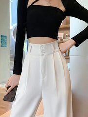High Waist Wide Leg Pants Women Loose Casual Elegant Straight Thin Button Trousers Office Party Fashion