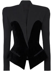 Blazer Women Chic Slim Fit Patchwork Velvet Designer Inspired Elegant Office Fashion Jacket