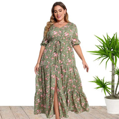 Plus Size Boho Maxi Dress Women Floral Print Loose Half Sleeve Split Hem Casual Summer Fashion