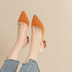 Knitted Block Heel Pumps Women Pointed Toe Breathable Comfortable Everyday Office Casual Fashion