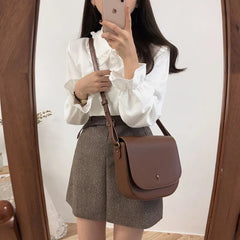 Blouse Women Vintage Preppy Flare Sleeve Peter Pan Collar White Button Girls Casual Fashion Top