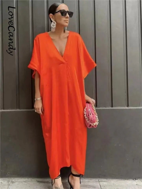 Kimono Maxi Dress Women Long Kaftan Chic V-Neck Casual Satin Pleated Elegant Fashion Dress