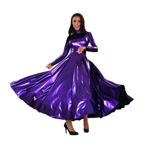 Maxi Dress Women Faux Leather Long Sleeve A-Line Fit Flare Trumpet Mermaid Slim Big Hem Club Party