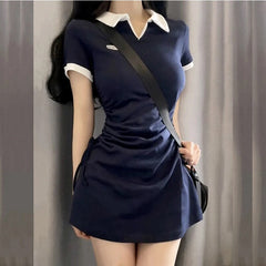 Mini Dress Women Short Sleeve Hip Wrap Skirt Slim Fit Student Casual Fashion Dress