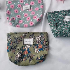 Makeup Bag Corduroy Retro Flower Print Organizer Clutch Cosmetic Travel Pouch Beauty Storage Case