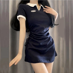 Mini Dress Women Short Sleeve Hip Wrap Skirt Slim Fit Student Casual Fashion Dress