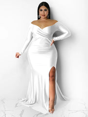 Plus Size Maxi Dress Women Off-Shoulder V-Neck Split Hem Elegant Wedding Party Prom Fashion
