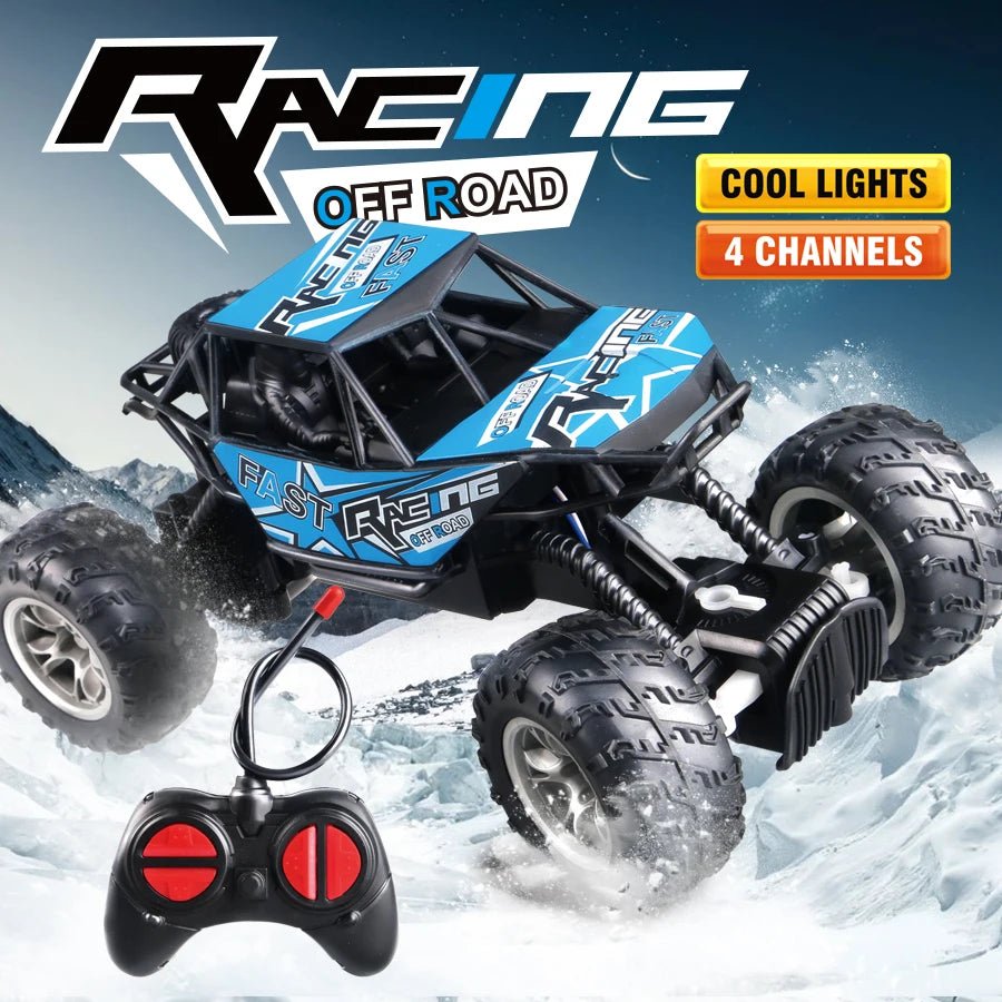 Off-road remote control car with racing design and cool lights feature on a snowy background - blue