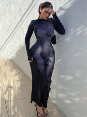 Long Sleeve Tie Dye Maxi Dress Women Bodycon X-Ray Print Casual Party Fashion Dress