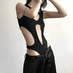 Bodysuit Women Gothic Hollow Out Y2K Patchwork Grunge Backless High Cut Slim Casual Streetwear Top