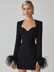 Mini Dress Women Long Sleeve Feather Hot Pink Black Bodycon Bandage Elegant Evening Party Wedding Guest