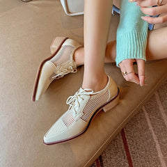 Oxford Shoes Women Mesh Net Lace-Up Genuine Leather Flat Derby Pointed Toe Low Heel Casual Shoes