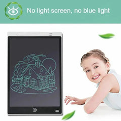 Electronic drawing tablet with a child next to it, emphasizing 'No light screen, no blue light' feature.