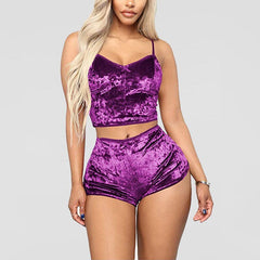 Velvet Pajama Set Women 2-Piece Shorts Top Party Casual Loungewear Sleepwear Fashion