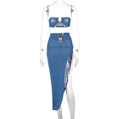 Halter Top & Skirt Set Women Elegant 2-Piece Elastic Waist Irregular Party Casual Fashion