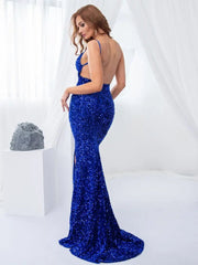 Mermaid Maxi Dress Women V-Neck Backless Sequined Stretch Split Sleeveless Floor Length Evening Prom