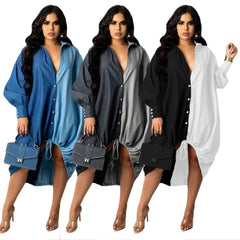 Plus Size Denim Shirt Dress Women Drawstring Patchwork Button Down Long Sleeve Casual Fashion