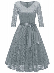 Midi Dress Women Vintage Hollow Out Floral Lace 3/4 Sleeve V-Neck Princess Wedding Party Prom Cocktail