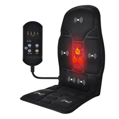 Black massage chair pad with remote control on a white background