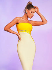 Midi Dress Women Yellow Strapless Bandage Rhinestone Double Color Split Bodycon Elegant Party Dress