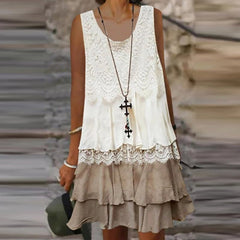 Lace Embroidered Vintage Mini Dress Women Sleeveless Casual Beach Vacation Summer Fashion