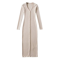 Backless V-Neck Bodycon Midi Dress Women Button Mid-Calf Elegant Party Fashion Dress
