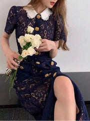 Maxi Dress Women Elegant Vintage Solid Lace Hollow Out Short Sleeve Gold Button Summer Casual Dress