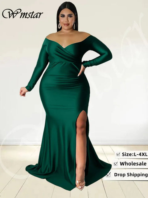 Plus Size Maxi Dress Women Off-Shoulder V-Neck Split Hem Elegant Wedding Party Prom Fashion