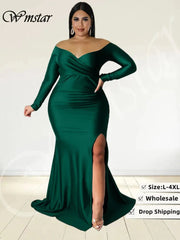 Plus Size Maxi Dress Women Off-Shoulder V-Neck Split Hem Elegant Wedding Party Prom Fashion