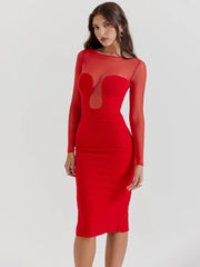 Midi Dress Women Elegant Strapless Sheer Long Sleeve Backless Split Bodycon Club Party Fashion Dress