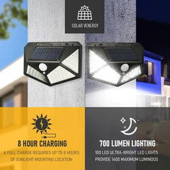 100-LED Solar Wall Lamp 4 Sides Luminous With Motion Sensor Outdoor Garden Courtyard Waterproof Wall Light